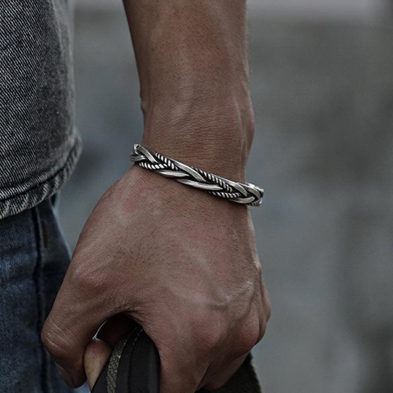 2021 European and American retro woven twist open bracelet copper silver plated bracelet men's geometric bracelet wholesale