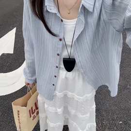 春夏款韩版气质竖条纹翻领衬衫女装长袖宽松开衫宽松polo防晒上衣