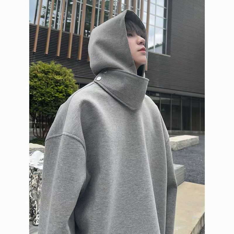 Heavy Thick Design Sense Vertical Collar Space Cotton Hooded Sweat Men's Solid Color Loose All-match Casual Top Trendy