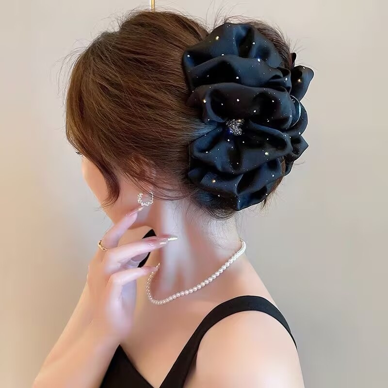 Satín de alta sensación, arco negro grande, clip de tiburón, toque de cabeza, clip de nube, clip de agarre, clip de cabello, tarjeta de cabello de mujer