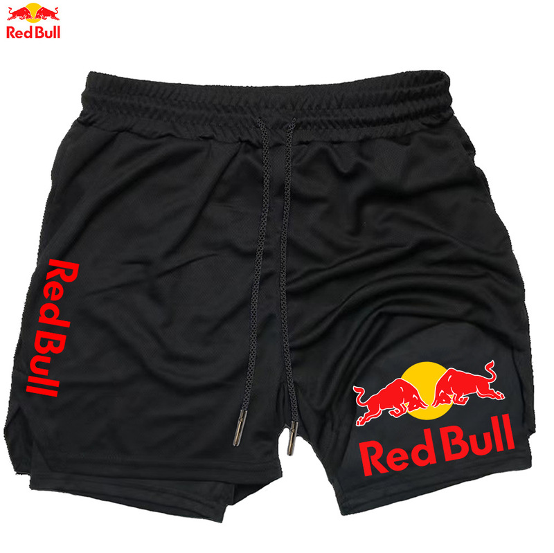 Red-Bull Cross-Border Explosive Source Manufacturer Sells Men's Two-In-One Double-Layer Shorts Fitness Training Pants of High Quality