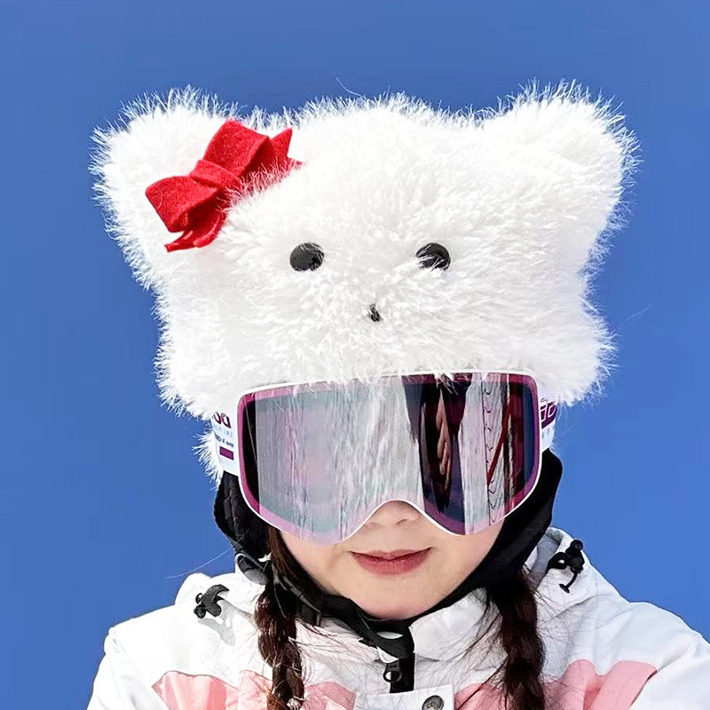 Casco de esquí de peluche muñecas bordadas tridimensionales lindas para niños niñas casco decoración de dibujos animados nueva decoración