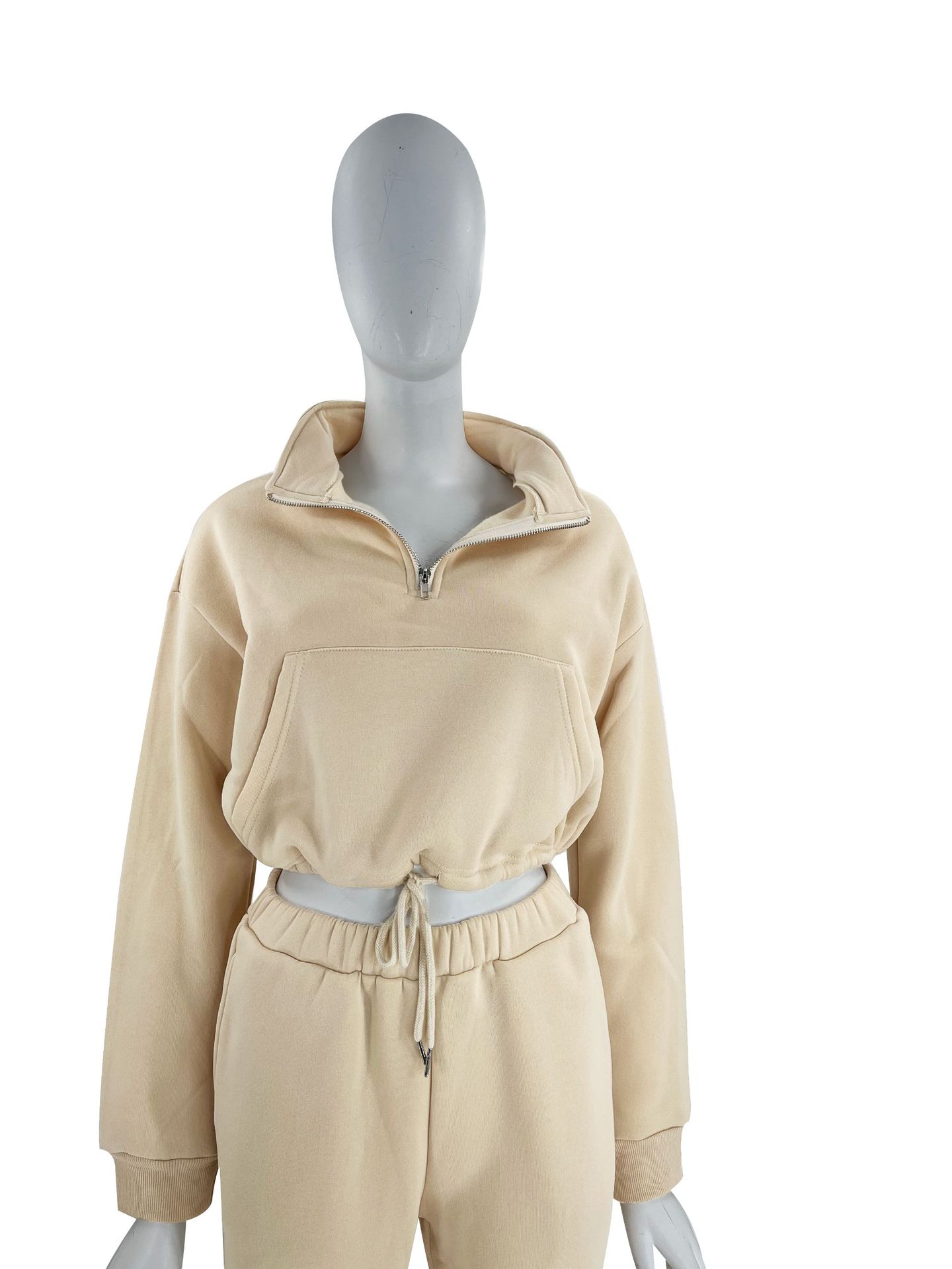 Women's Clothing 2024 autumn and winter solid color stand up collar zipper drawstring navel baring plus velvet sweatshirt casual sweatpants suit_voghion.com