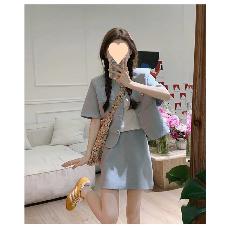 Летний тонкий модный костюм для женщин в твидовом стиле, короткий рукав, маленький круглый вырез, топ и короткая юбка, комплект из двух предметов