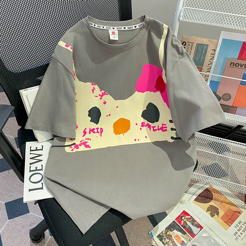 Специальная цена [19 штук 220 грамм хлопка] Специальный большой размер 300 фунтов дизайн минус возраст мультяшный кошачий принт футболка