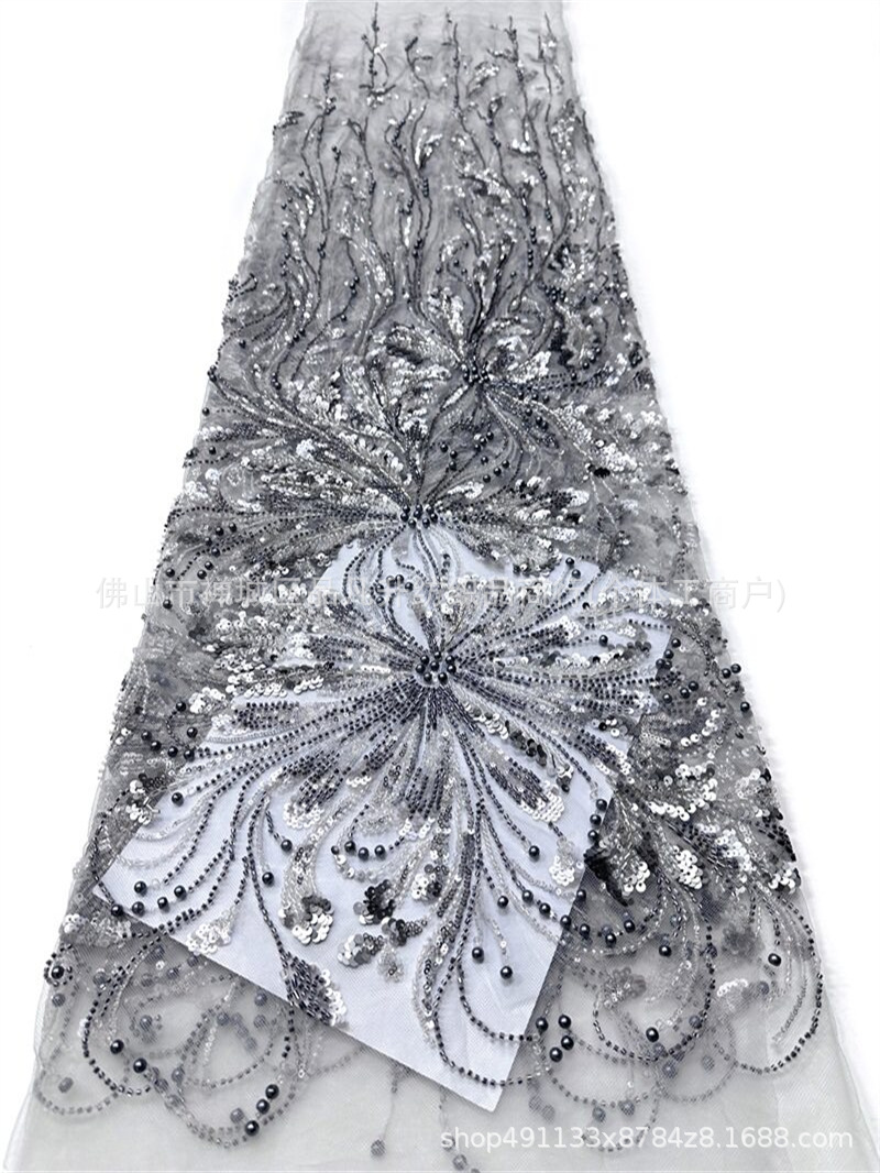 Fuegos artificiales radiantes tela de malla de perlas bordadas sequilla cola de pescado vestido de brindis cena vestido de boda tela