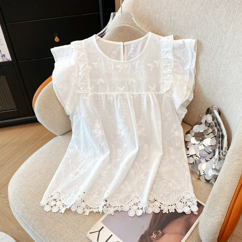 H2C белая жаккардовая рубашка без рукавов с вышивкой, женская летняя тонкая слегка прозрачная кружевная рубашка с маленькими летящими рукавами, топ во французском стиле