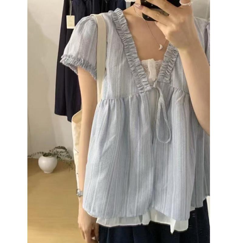 2025 Summer New Style Fresh and Simple Blue Striped Ruffled Fake Two-Piece Short-Sleeve Shirt 2025 Summer New Style Fresh and Simple Blue Striped Ruffled Fake Two-Piece Short-Sleeve Shirt