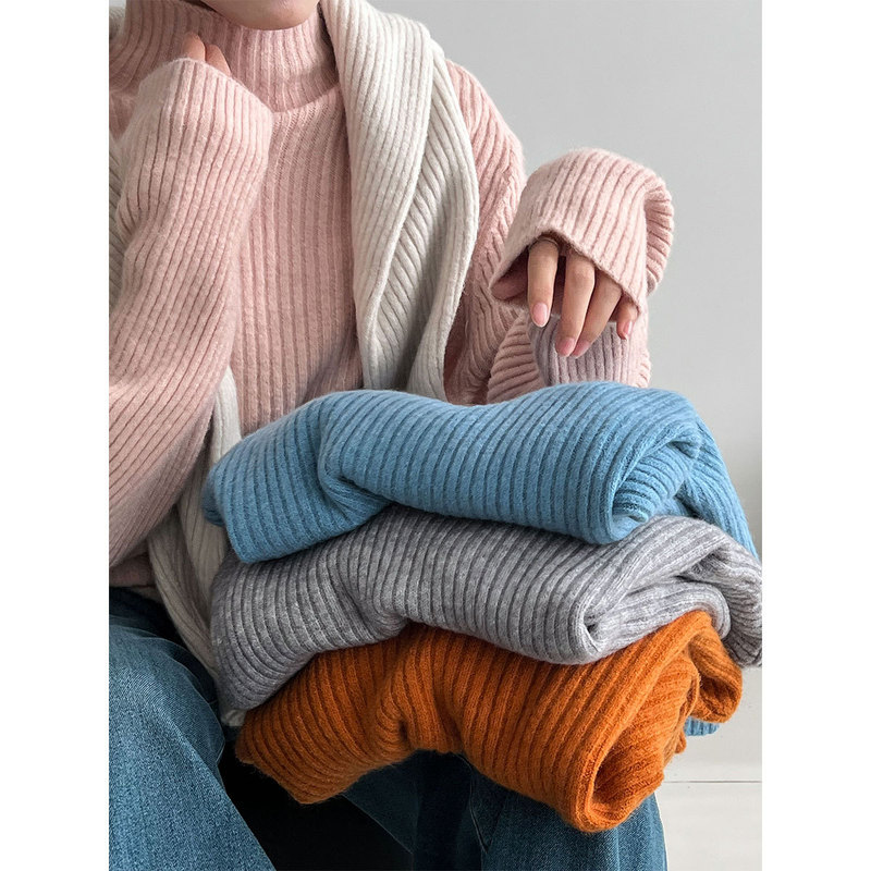 Luxi Simple Korean Style Turtleneck Sweater for Women Autumn and Winter New Thick Knitted Vertical Strips Lazy Style Versatile Top Ss935