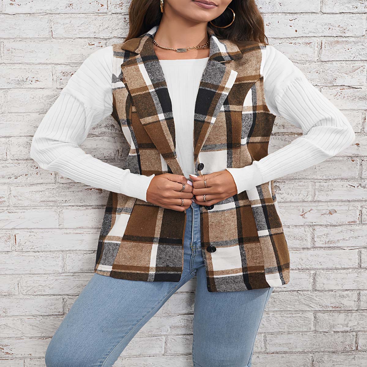 Amazon primavera, otoño e invierno transfronteriza Top de las mujeres de moda europea y americana traje de solapa de las mujeres chaleco abrigo a cuadros