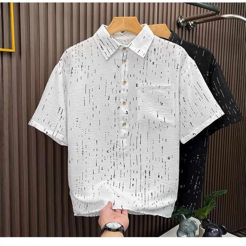 Camisa de impresión de moda transpirable de estilo fino de verano para hombre de polo retro japonés, diseño de manga corta, gypsophila