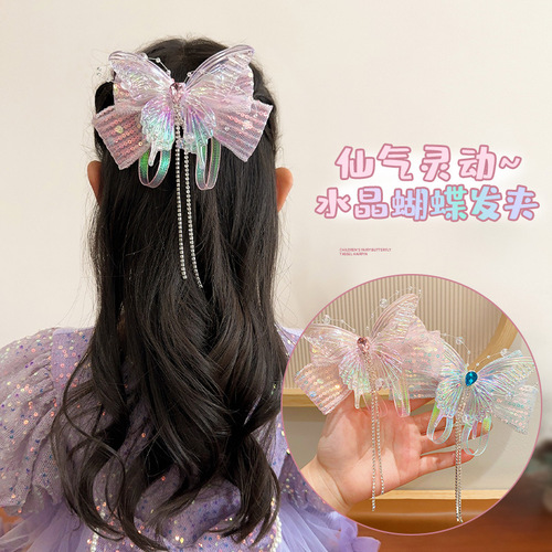 Children's Princess Hair Pin for Girls Elsa Hair Clip Headwear Little Girl Glitter Butterfly Bow Tassel Hair Accessory Very Fairy Top Clip