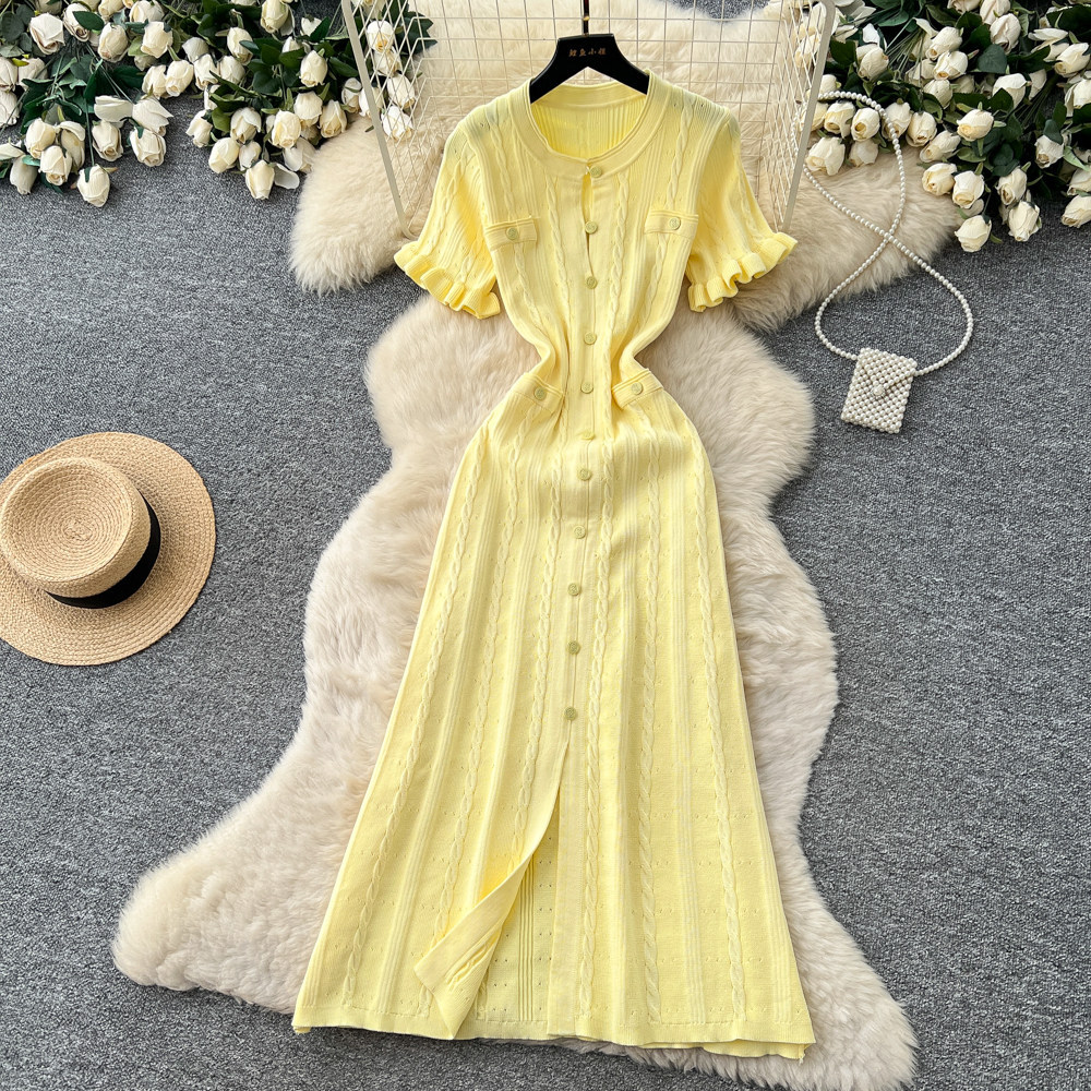 Women's Clothing Elegant Knit Tweed Dress With Front Buttons And Short Sleeves For Women_ecoleips.com