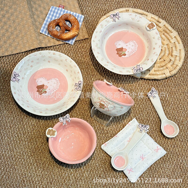 Floral Heart Bear Ceramic Tableware Set for Home Use, Rice Bowl, Plate, Spoon, Girly Style Single-Person Dinnerware Gift Box