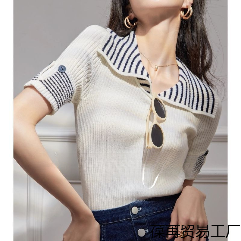 Summer Thin Short-Sleeved Sweater, Ice Silk White Striped Top, Light Luxury Niche Street Collar Women's Top Summer Thin Short-Sleeved Sweater, Ice Silk White Striped Top, Light Luxury Niche Street Collar Women's Top