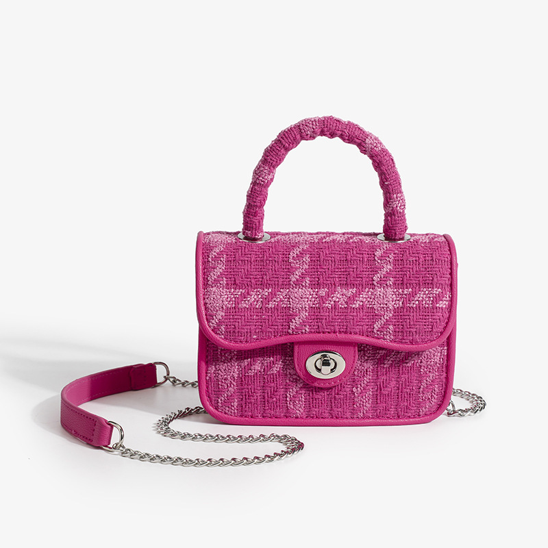 Pink Plaid Small Fragrant Handbag Women's New Tweed Woven Chain Bag Single Shoulder Crossbody Small Square Bag