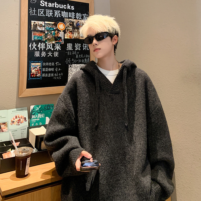 Pesado otoño y invierno gorra para hombres y mujeres retro americano jersey suave glutinoso relajado suéter con capuchina gruesa casual