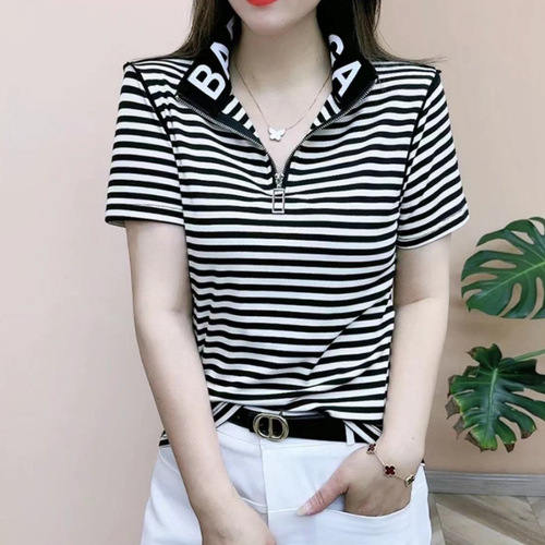 [Cotton 95 Spandex 5] New all-matching simple and comfortable slimming short-sleeved summer fashionable zipper design stand-collar T-shirt