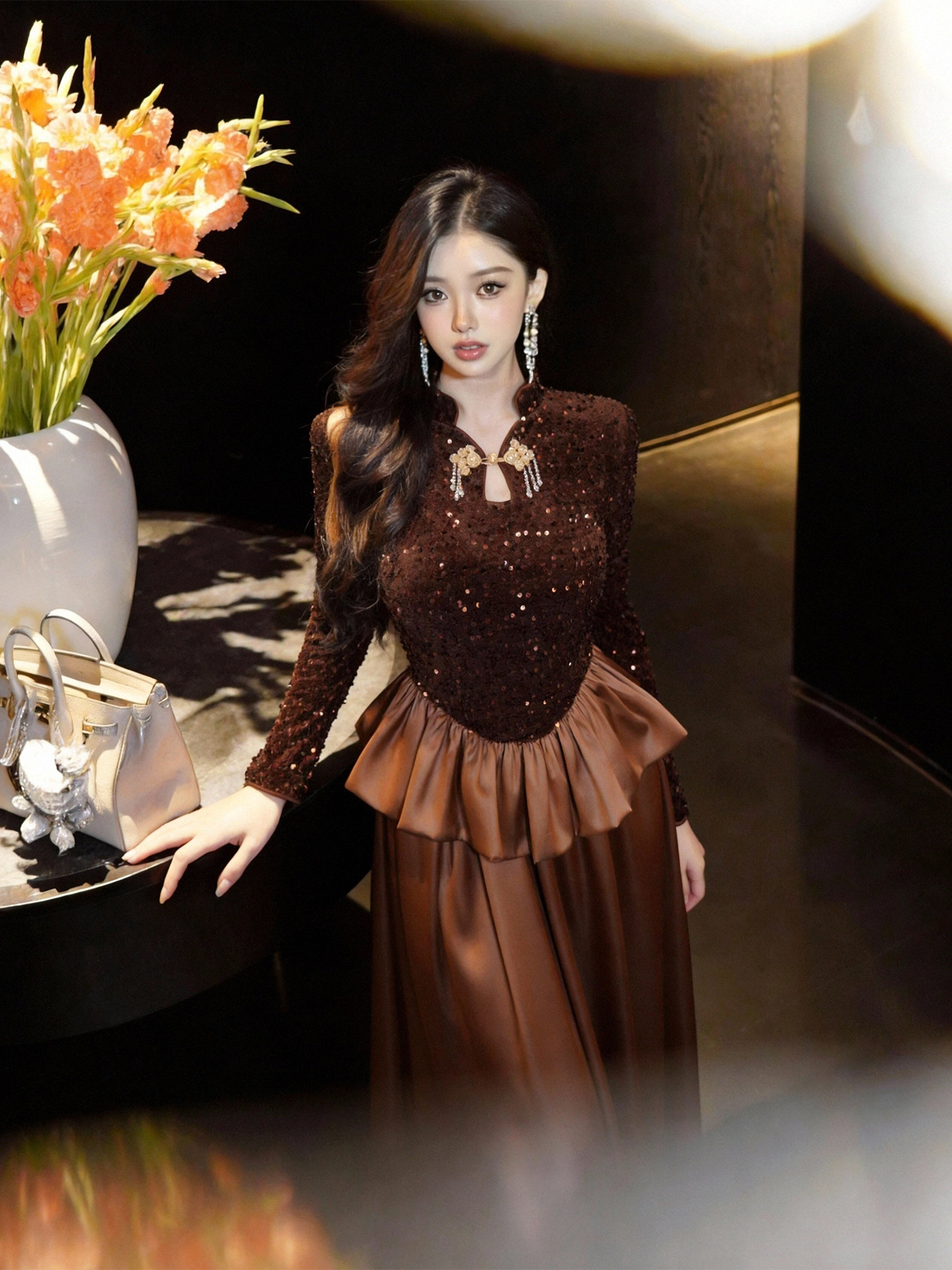 Đầm maxi nữ thắt eo phong cách Trung Hoa thiết kế sequin lấp lánh — Cà phê nâu