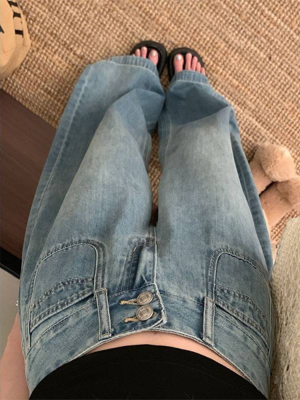 高腰双扣宽松阔腿牛仔裤女春季设计感大码垂感直筒显瘦拖地长裤子|undefined