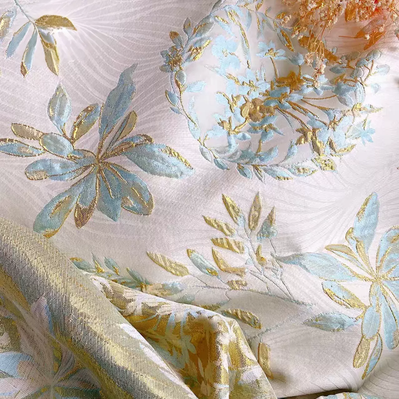 浮雕3D立体金线提花图案时装布窗帘新中式服饰手工艺品布料竹叶团