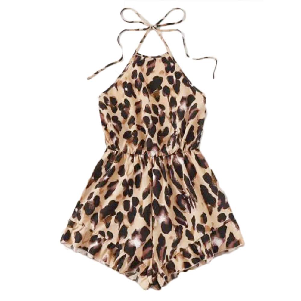 Europa y América Amazon moda sexy mujer Halter encaje-up leopardo estampado flor correa de una sola pieza pantalones cortos nuevo suministro transfronterizo