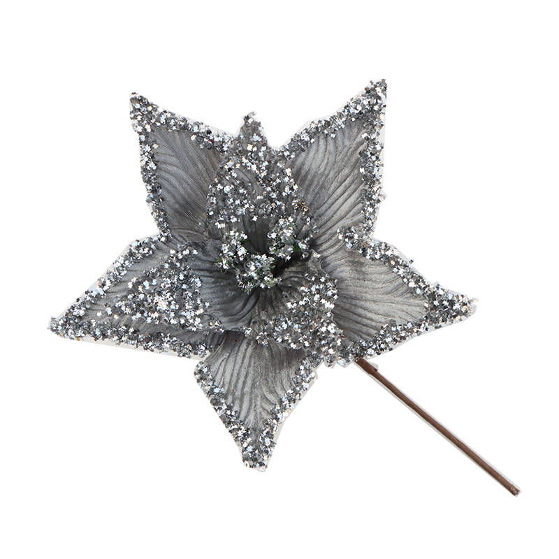 クリスマスアクセサリー銀色の花の頭のクリスマスの葉の挿し木白いクリスマスの花の粉のクリスマスの花のスパンコール|undefined