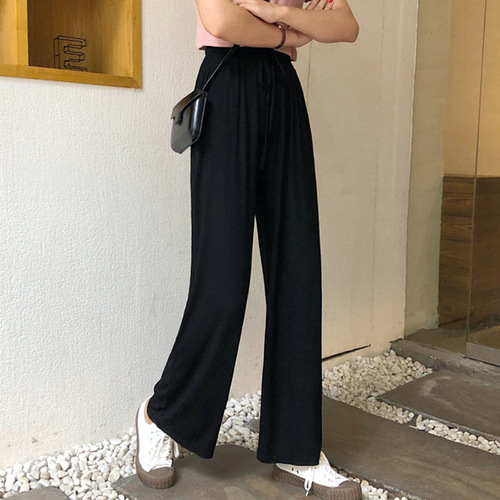 Spring High-Waist Slimming Casual Pants for Women Korean Style Loose Straight Leg Athletic Pants Versatile Elastic Waist Floor-Length Wide Leg Pants