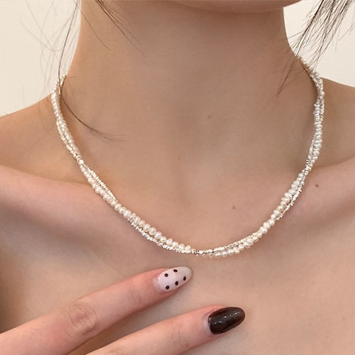 Double-layer broken silver pearl twisted necklace for women, niche retro personalized simple versatile temperament choker collar necklace