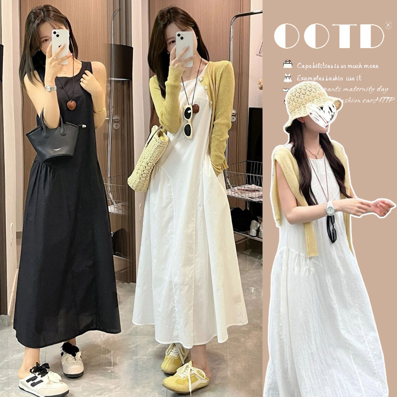 2026 Spring and Summer Solid Color Simple Sleeveless Tank Dress + Ice Silk Sun Protection Shirt Set, Slimming Loose Maternity Wear