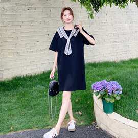 黑色休闲T恤连衣裙女夏2026新款韩版宽松显瘦蕾丝披肩裙子两件套