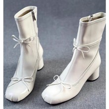 现货圆头小众设计法式芭蕾风增高蝴蝶结瘦瘦靴女粗跟侧拉链小短靴