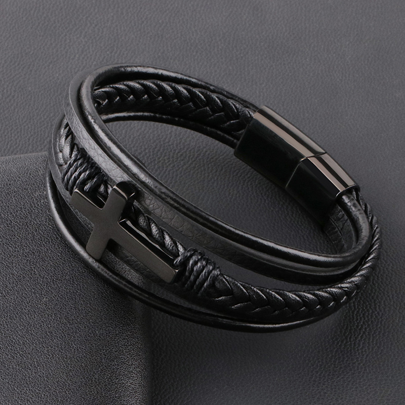 Hip-hop Cross Pu Leather Titanium Steel Men's Bracelets display picture 4