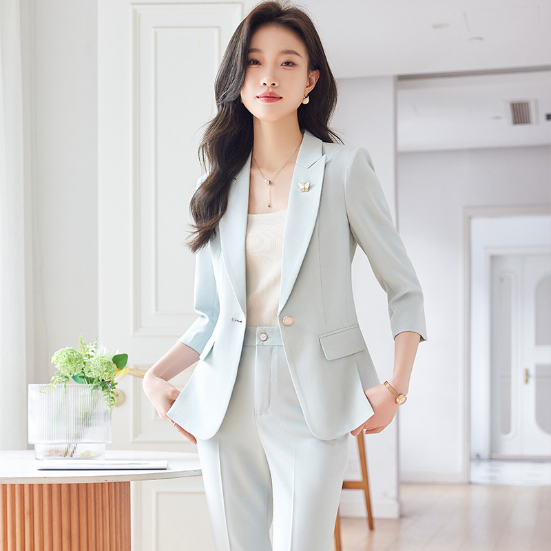 2025 Spring and Summer New Green Three-Quarter Sleeve Professional Simple Small Suit Collar Jacket Women's Pants Fashion Suit