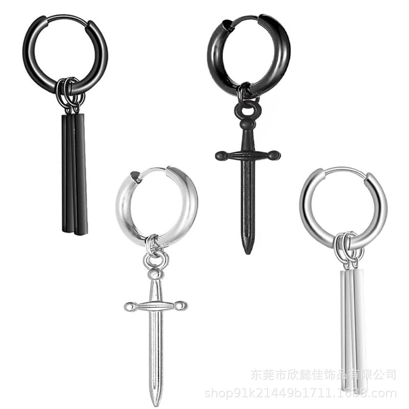 跨境款  不绣钢耳环吊剑 吊双铁棍 百搭钢色黑色男女潮时尚