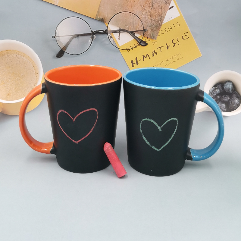 创意情侣马克杯粉笔写字留言杯 黑色哑光色釉陶瓷杯V型12oz咖啡杯