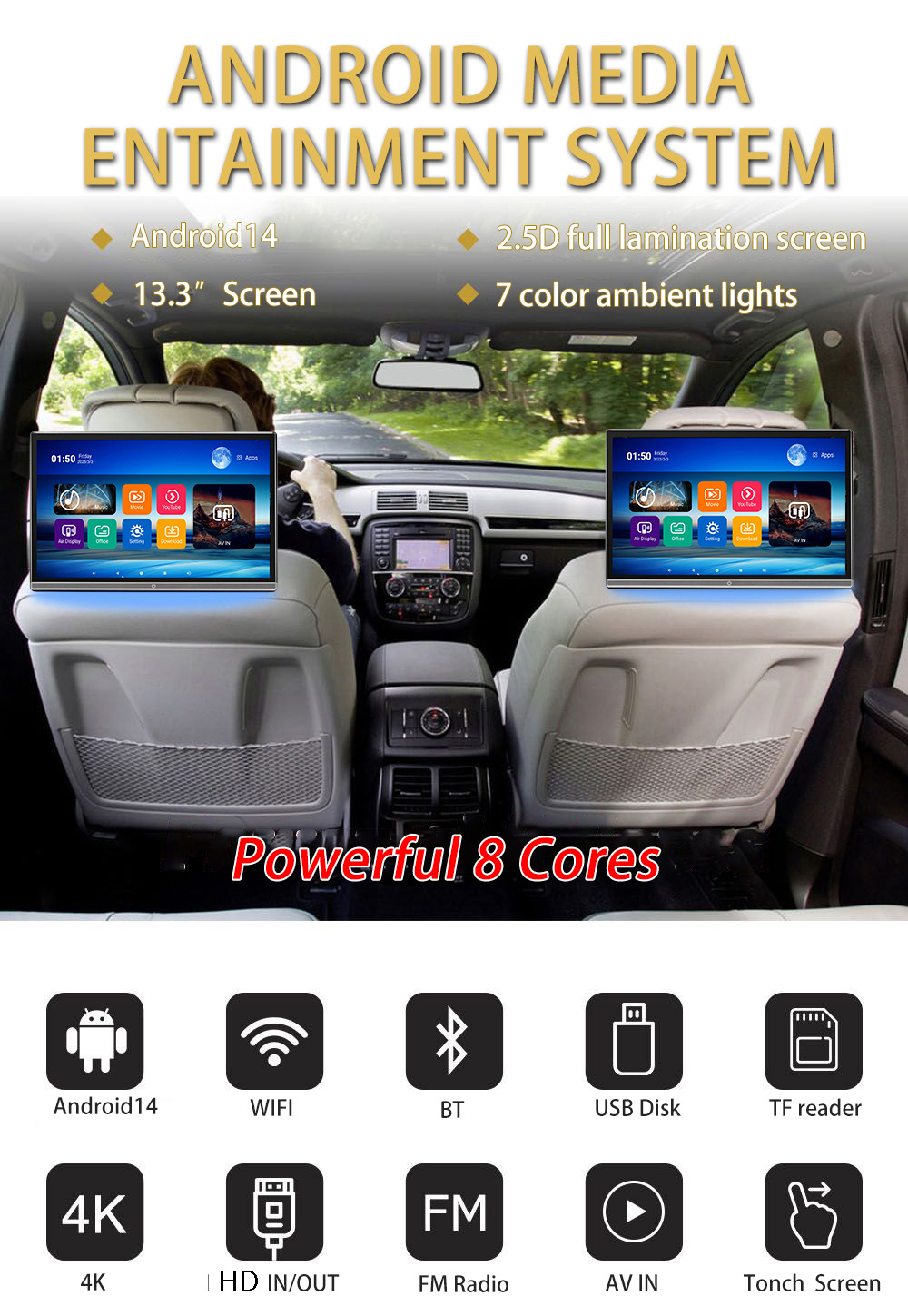 13.3inch Inch Android Monitor for Car Headrest, Rear Seat Advertising Player, Android Monitor for Car Tv
