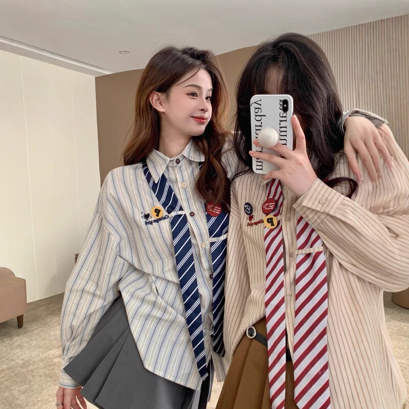 Striped Shirt Women's Autumn New College Style Loose POLO Collar Top Design Sense Tie Shirt Girls' Dress Striped Shirt Women's Autumn New College Style Loose POLO Collar Top Design Sense Tie Shirt Girls' Dress