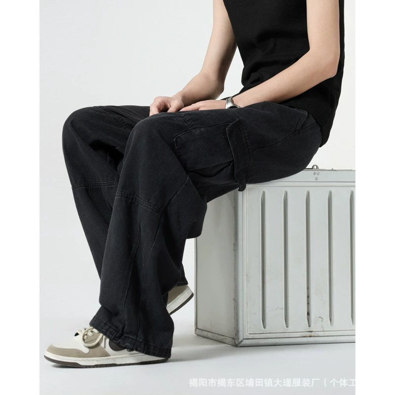 Японские ретро широкие джинсы мужские модные винтажные потертые с эластичной резинкой на талии свободные брюки-фонарики длинные брюки