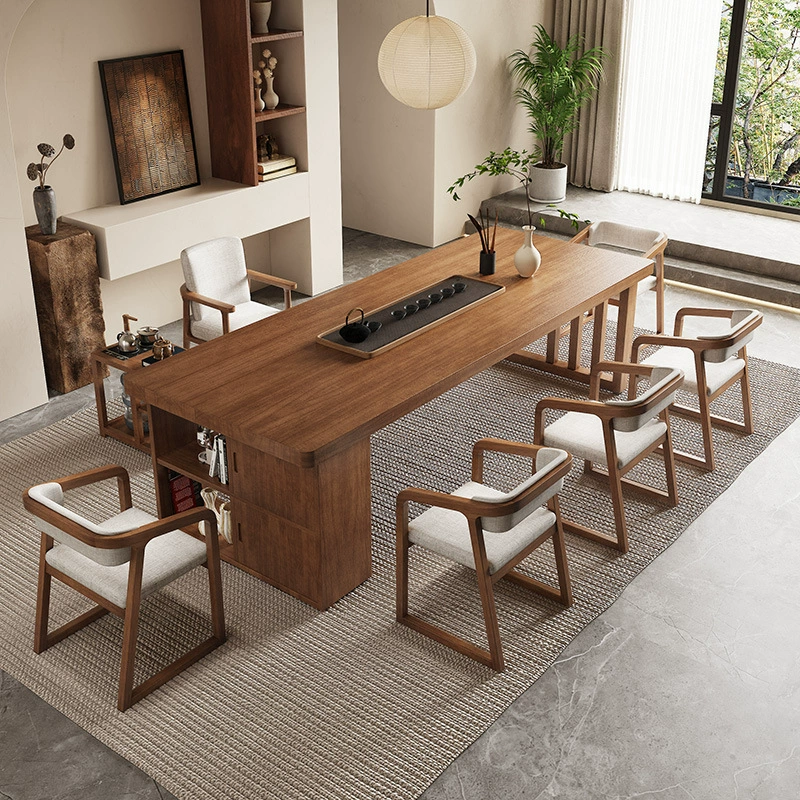 Чайный столик для гостиной в стиле дзен, цвет орех, с тумбой, чайный столик в стиле ваби-саби, комбинация стола и стульев из массива дерева для холла.