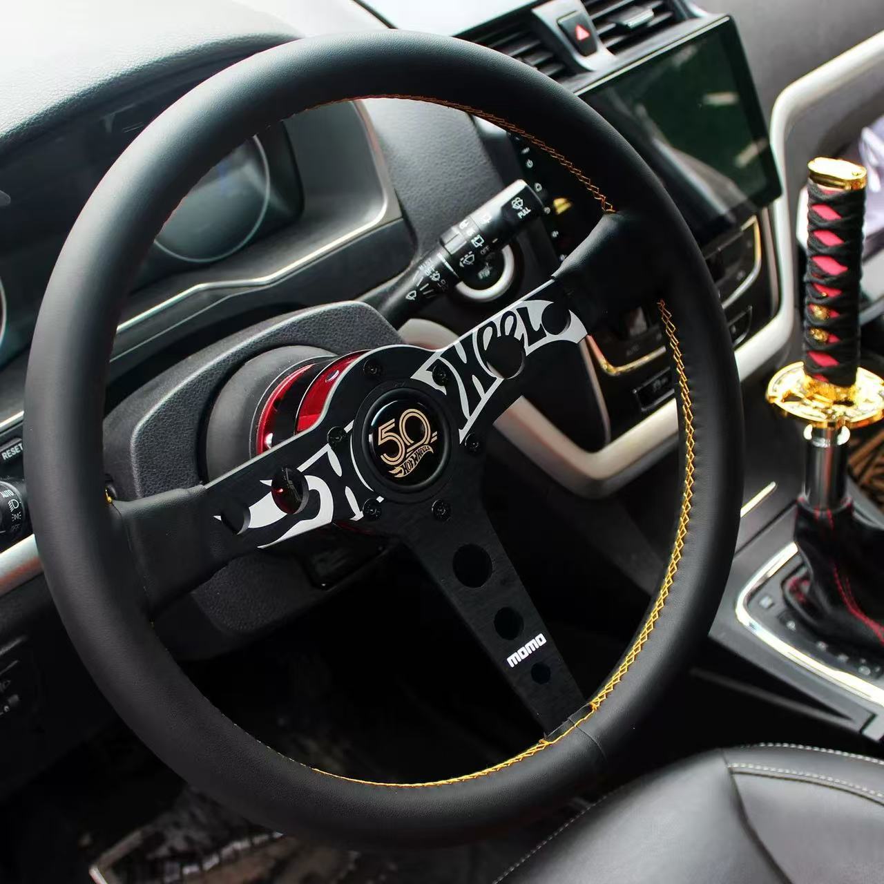 New MOMO 50th Anniversary Genuine Leather Car Modified Racing Steering Wheel 14inch Matte Leather Universal Quick-Release Steering Wheel
