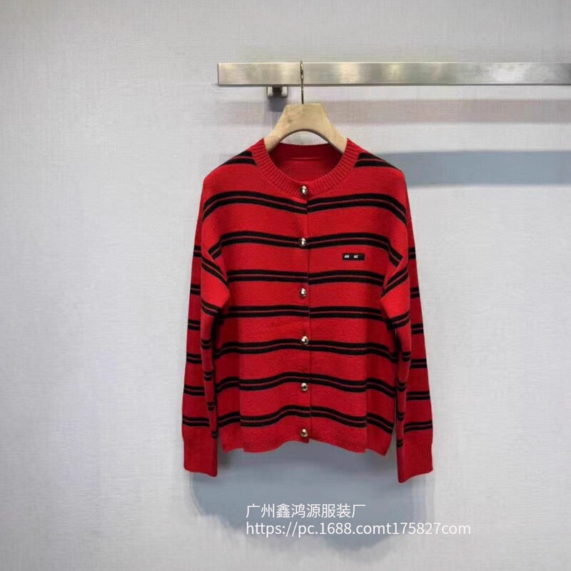 Nanyou 25m Women's Autum New Letter Jacquard Red and Black Stripesd Gold Button Wool Knitted Cardigan Sweater for Women