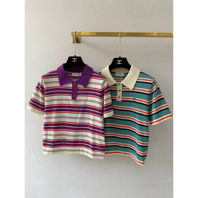 New Celine Polo Shirt Summer Two-Tone Versatile Striped Turn-Down Collar Short-Sleeve T-Shirt with Color-Blocking Knit