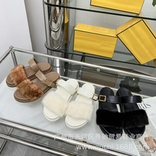 2025芬家新品水貂毛平底拖鞋高端一字平底毛拖鞋厚底增高外穿拖鞋