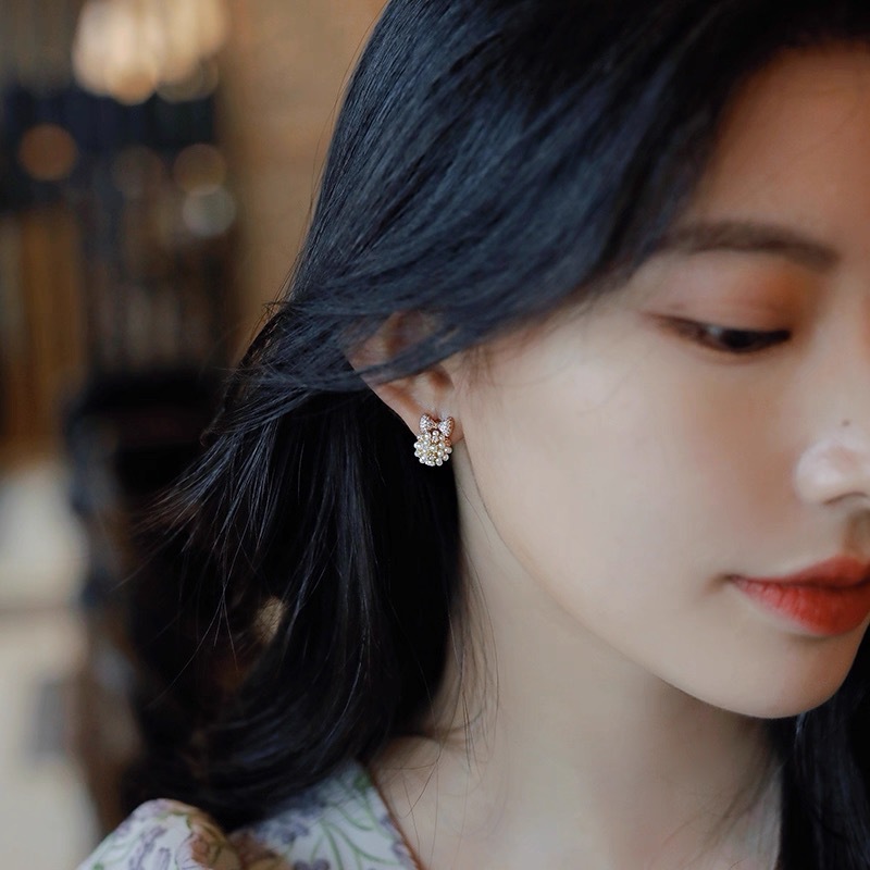 珍珠蝴蝶结耳环微镶气质锆石女网红韩国耳钉2025新真金电镀耳饰|undefined