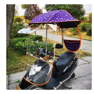 Elektromobil üçün ön şüşə çətiri (günlük) – shield, new two-wheeled model - high-definition-sliding-window-sun-protection-tarpaulin-jacquard-purple-dots-rain-curtain-the-car-has-a-rearview-mirror