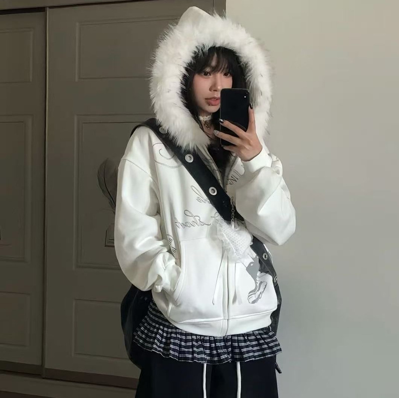 American Retro Fur Collar Sweatshirt Cardigan Women's Early Autum Letter Printed Fur Collar Jacket Loose Yabi Top Y2K American Retro Fur Collar Sweatshirt Cardigan Women's Early Autum Letter Printed Fur Collar Jacket Loose Yabi Top Y2K