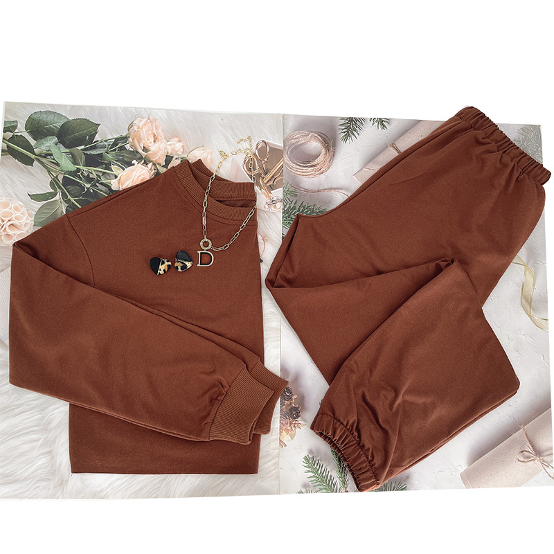 Autumn Winter Solid Color Round Neck Pullover Cropped Long Sleeve Sweaters Women's Clothing Casual Drawstring Trousers Suit