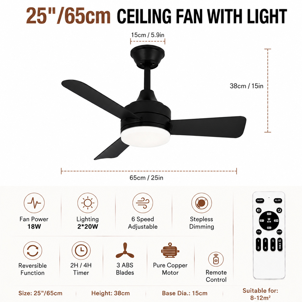 Ventilador de Techo con Luz de PC y ABS con Control Remoto para Dormitorio y Restaurante
