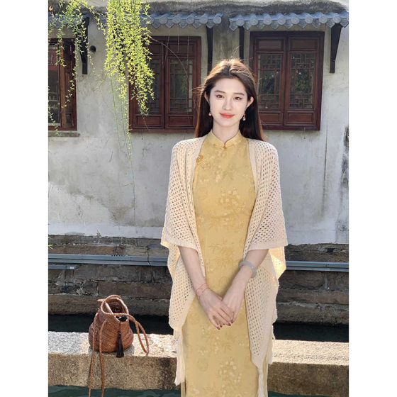 Chinese-Style Jacquard Breathable Long Dress with Traditional Patterns, Gentle Retro Elegant Cheongsam Dress for Daily Wear